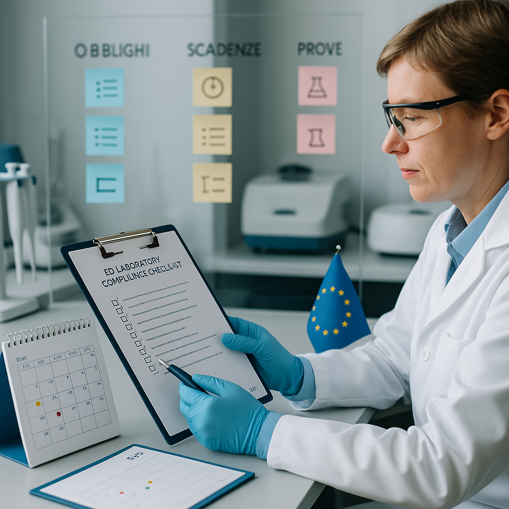 Responsabile di laboratorio in PPE controlla una checklist di conformità al nuovo regolamento UE
